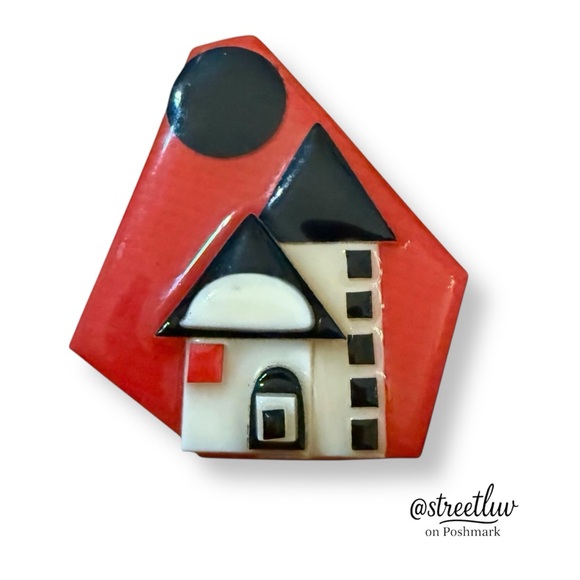 Lucinda Jewelry - Vintage Lucinda House Pin Red Ivory Black Enamel Brooch - Architectural